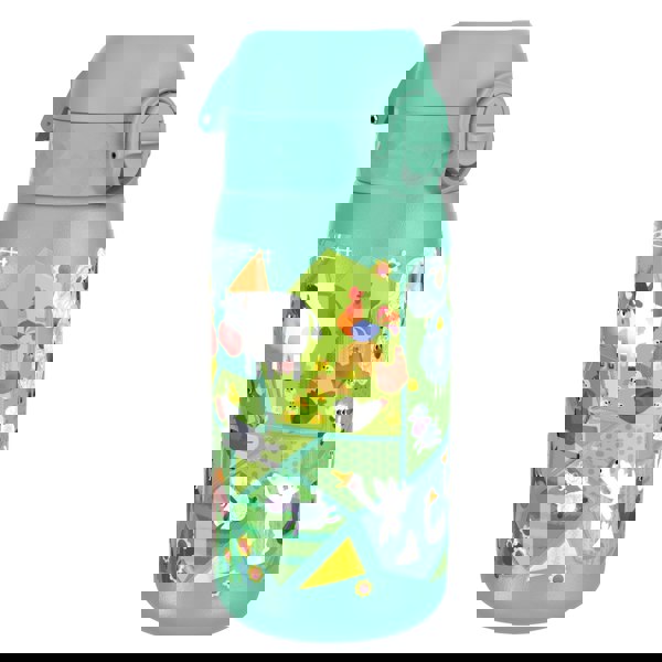 A light-green water bottle, featuring farm animals, stands on a white background.