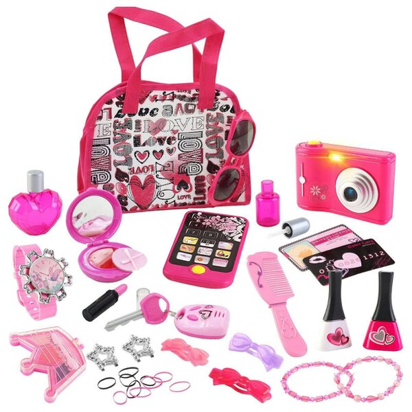 deAO Toys Vanity Handbag Beauty Set for Girls Styling Pretend Makeup and Accessories Playset