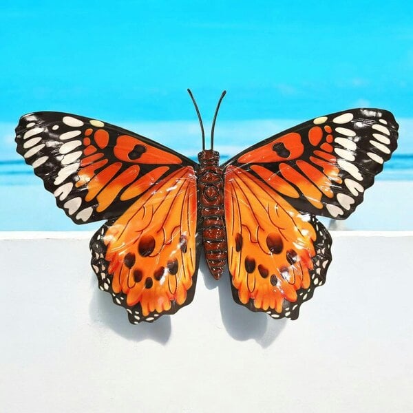 EDH Door Hardware Medium Metal Orange Butterfly Wall Art – 23 x 34 x 1 CM | 3D Hand-Painted Metal Butterfly Decoration | Weatherproof Indoor & Outdoor