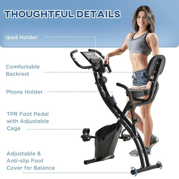 Black exercise bike with arm resistance handlebar and adjustable TPR foot pedals