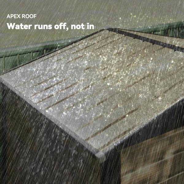 Oak metal garden shed apex roof with water running off the top surface