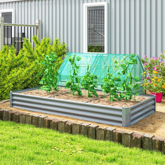 Outsunny Galvanised Raised Garden Bed, 240x120x30cm Raised Bed, Silver