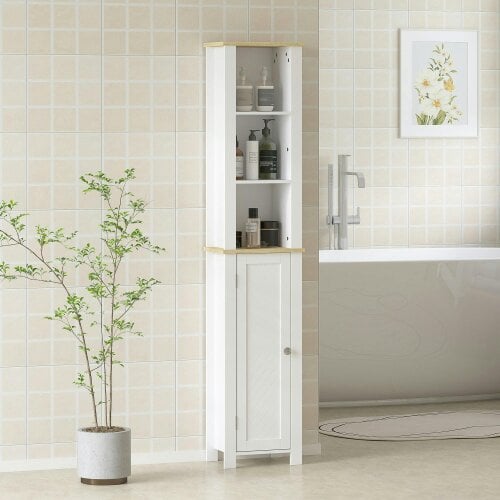 Wyld Haus Nifael Slim Bathroom Storage Cabinet With OFauxn Compartment And Adjustable Shelves White 34 x 23 x 165 cm