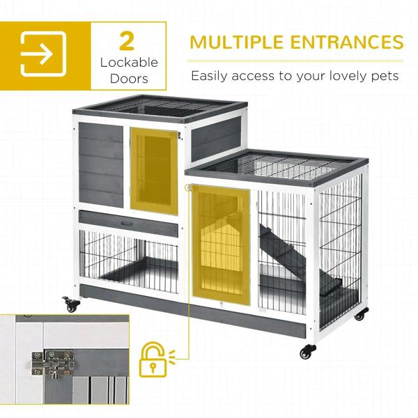 Grey wooden hutch with two accessible front doors and enclosed wire runs, on wheels