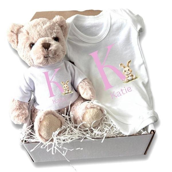 Personalised Pink Initial Bunny Gift Hamper Baby Gift Box - Teddy & Vest