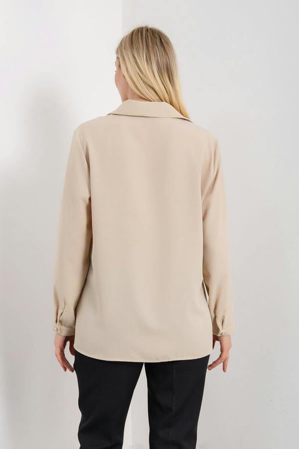 Hoxton Gal Oversized Long Sleeves Blouse with Brooch Details in Beige