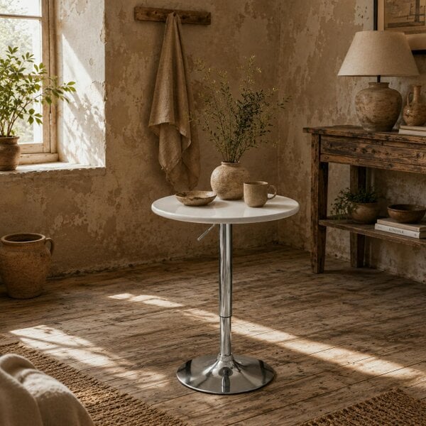 Wyld Haus Nisapa Metal White Adjustable Round Bar Table With Swivel Top And Steel Base