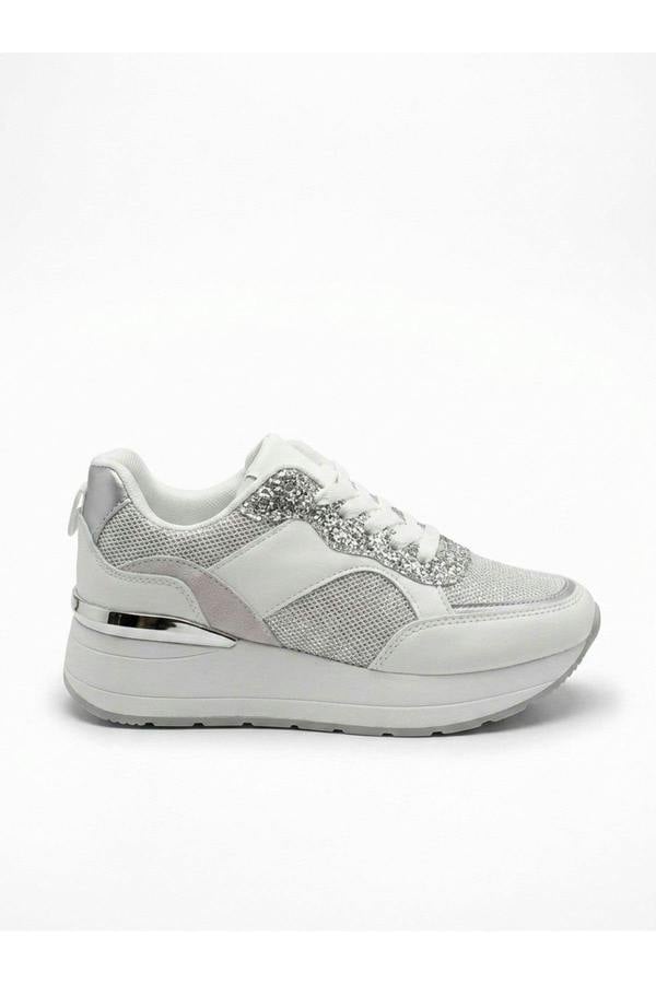Chloe Womens Glitter Panel Platform Trainers - Silver