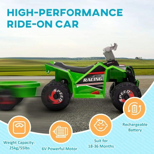 Bobobiy 6V Quad Bike with Back Trailer, Wear-Resistant Wheels, for Ages 18-36 Months, Green