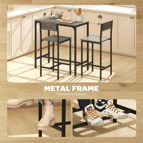 Wyld Haus Novero 3 Piece Industrial Breakfast Bar Set With 2 Stools And Footrest Support