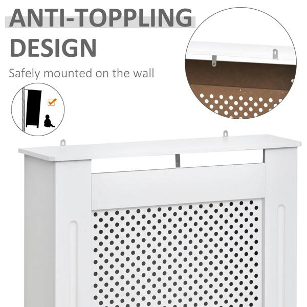Wall-mounted white radiator cover cabinet with perforated grille front and side panels.