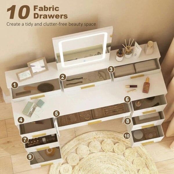 Multi-Storage Elegant Dressing Table, with LED Mirror - White