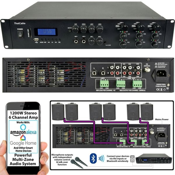 1200W Bluetooth Sound System 6x 120W Slim Ceiling Speaker 6 Zone Mixer Amplifier