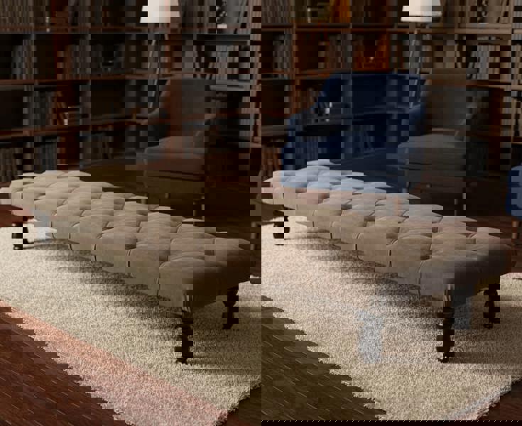 Rectangular sand coloured Chesterfield footstool in modern living room - ISTOOLS