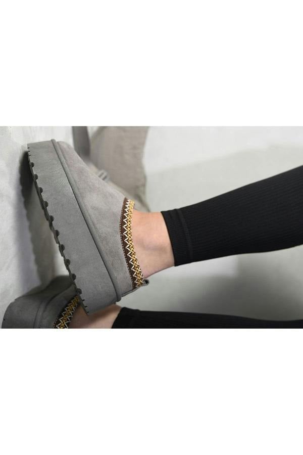 Jolene Aztec Detail Low Ankle Platform Slipper Boots - Grey