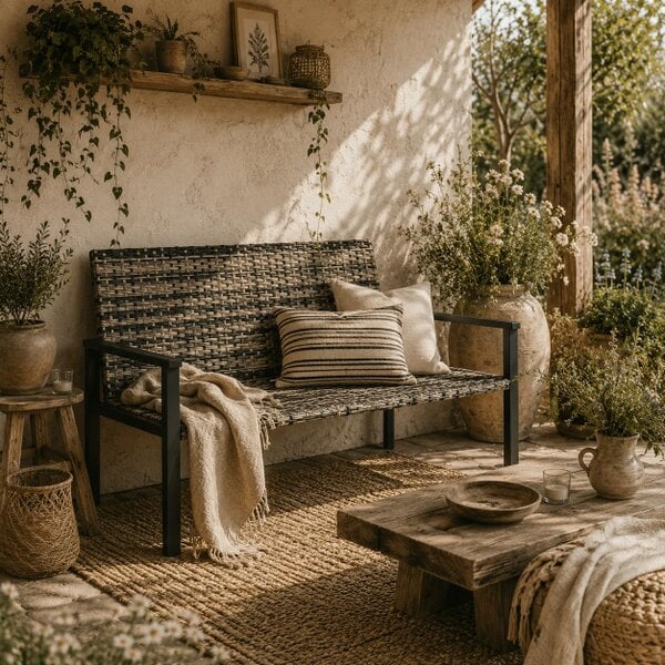 Wyld Haus Batare Rattan Grey 2 Seater Garden Bench With Armrests
