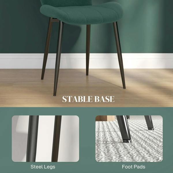 Emerald green flannel dining chair with steel legs and foot pads