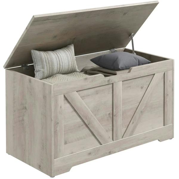 Grey wood-effect storage box with safety hinges, open top showing cushioned items