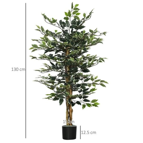 Tall artificial ficus tree with green leaves, brown trunk, and black planter pot