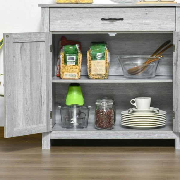 Grey sideboard cabinet with open doors displaying stored food and kitchenware