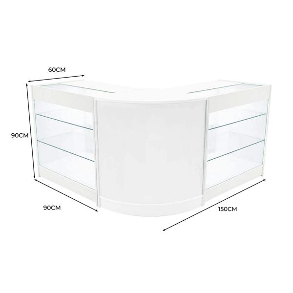 Curved white LED shop counter set with glass shelves, measuring 150cm wide, 90cm high, and 60cm deep, ideal for retail displays