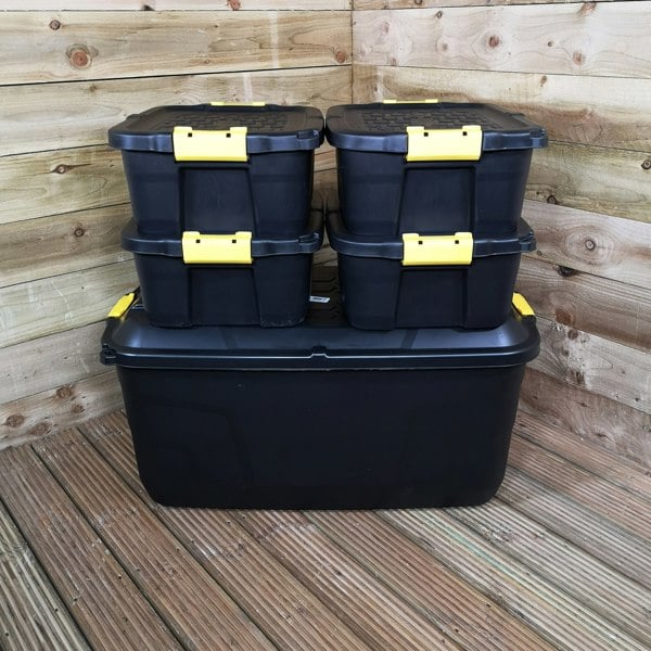 Samuel Alexander 1 x 145L AND 4 x 24L Heavy Duty Trunks 1 on Wheels Sturdy, Lockable, Stackable and Nestable Design Storage Chest with Clips in Black