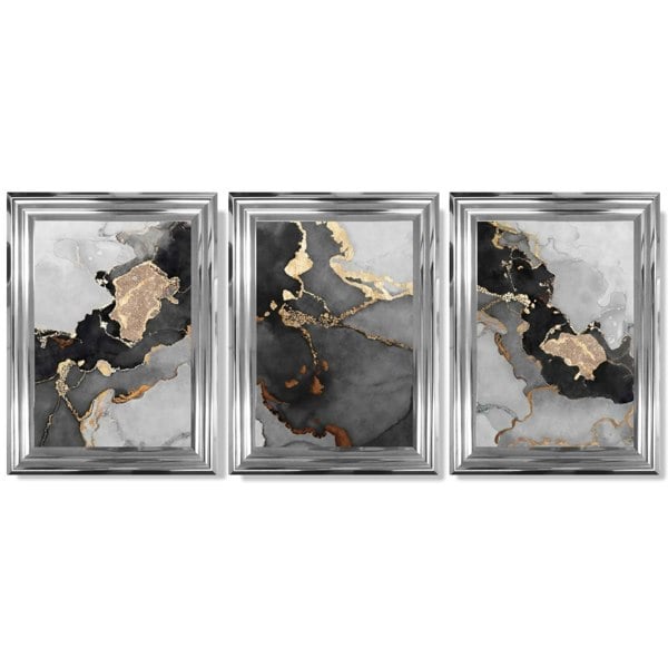 Artze Wall Art Framed Set of 3 Abstract Art prints of Paintings Black Grey and Gold
