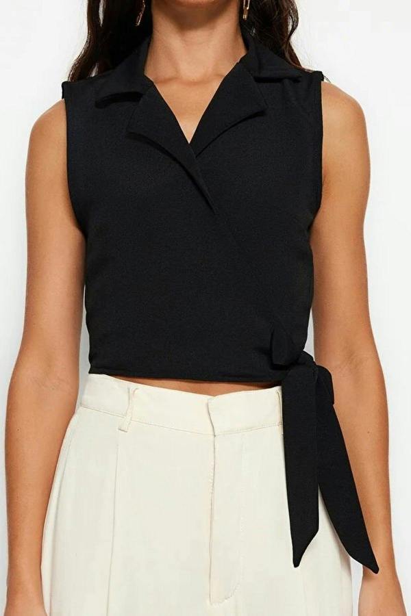 WOVCOR Tie-Up Crop Woven Linen-Look Blouse