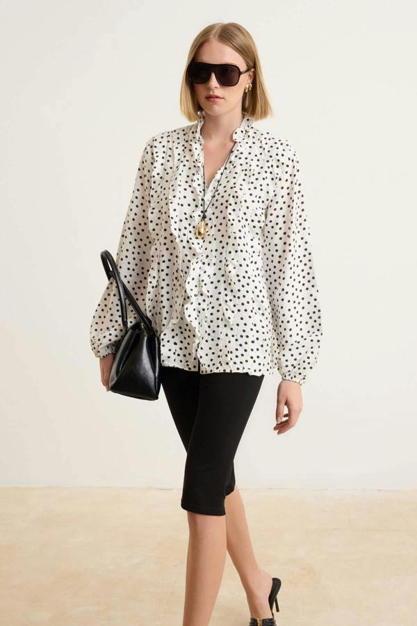 WOVCOR V Neck Long Sleeve Frill Detail Woven Shirt