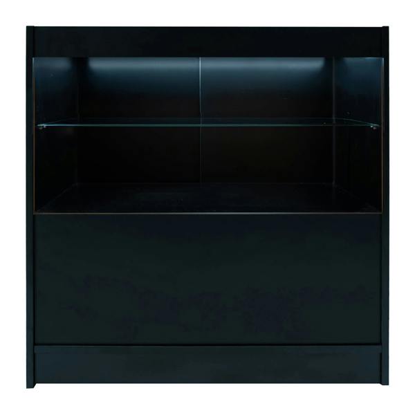 Sleek black Selene LED shop counter set with illuminated top shelf and glass display, perfect for retail environments