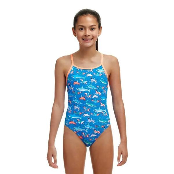 Funkita girls fin swimming diamond back swimsuit in blue with orange straps