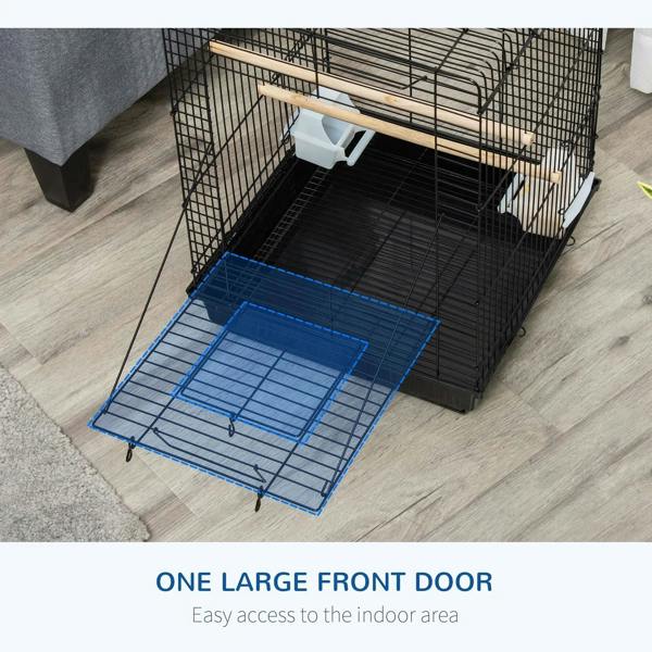 Black birdcage with large front door access and bottom tray