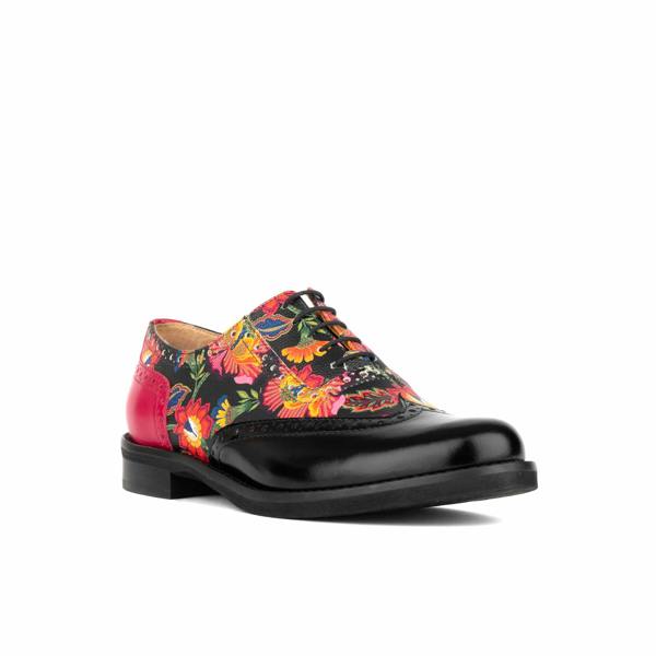Embassy London Vivienne - Black & Red Flowers - Women's oxford lace-up shoe with brogue details