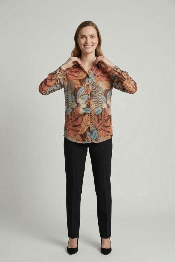 Brown | Leaf Print Long Sleeve Relaxed Shirt