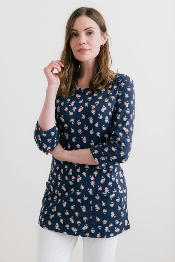 Lily & Me Coastal 3/4 Sleeve Jersey Print Tunic Navy
