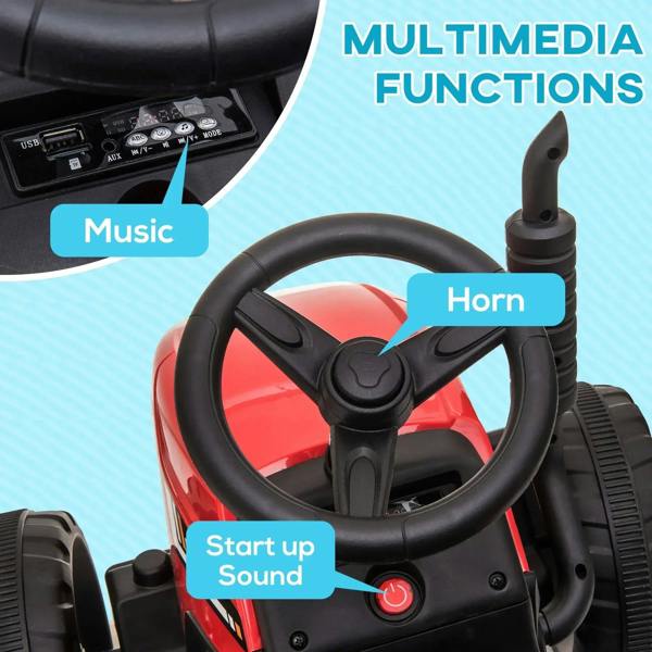 Red ride-on tractor steering wheel with horn and sound controls on the console