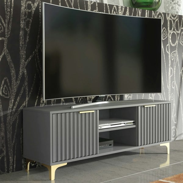 Mex Furniture 120cm TV Unit with Ribbed Fronts and Gold Accents - Bold Grey