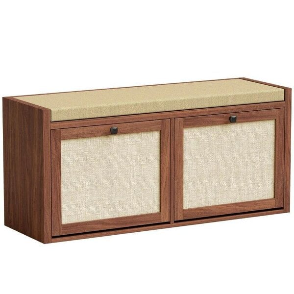 Rattan Shoe Bench with Padded Cushion and 2 Cabinets for Hidden Storage, Brown