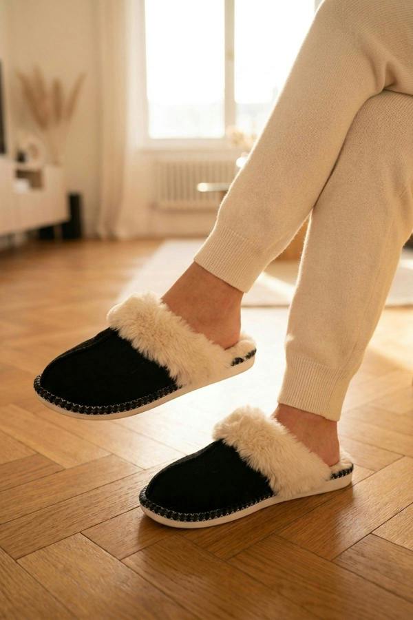 Constance Faux Suede Faux Fur Mule - Black
