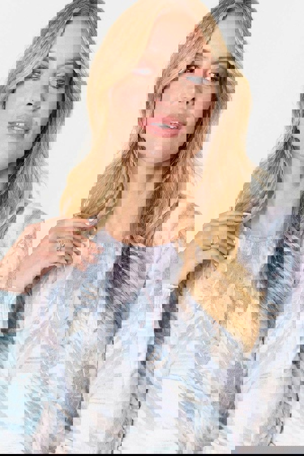 Light Blue | Feather Print Long Sleeve Knit Top
