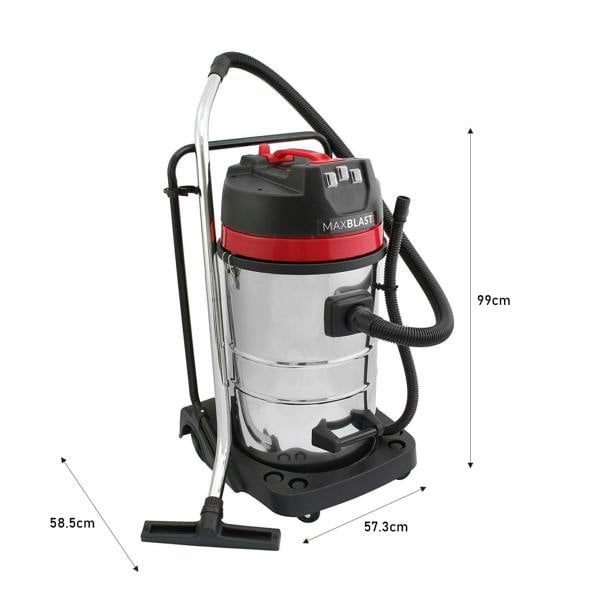 80L wet and dry vacuum with a shiny stainless steel body, red accents, and flexible hose, ideal for cleaning gutters and tough messes