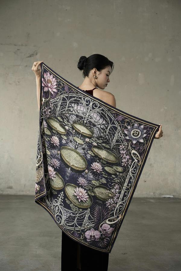 Waterlily House at Night Wool Silk Scarf – Double-Sided Print, Hand-Rolled Hem