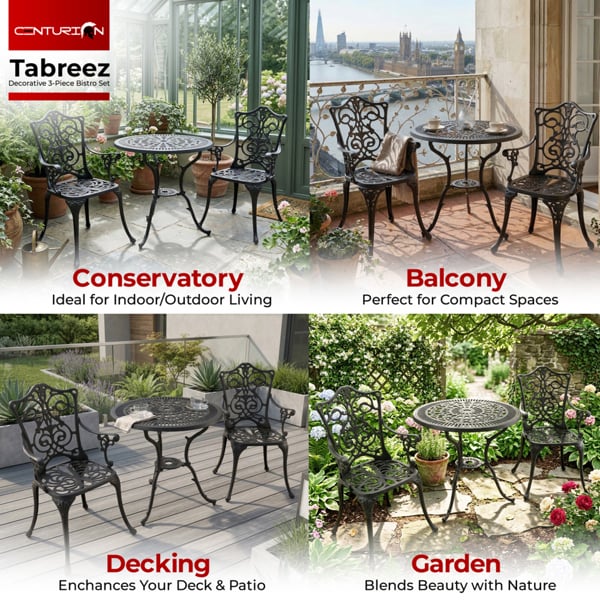 Centurion Supports TABREEZ Garden and Patio Table and 2 Large Chairs with Armrests Cast Aluminium Bistro Set - Black