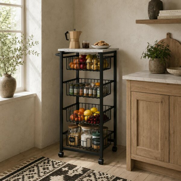 Wyld Haus Fimado Metal Grey And Black 4 Basket Mobile Kitchen Trolley With Locking Wheels