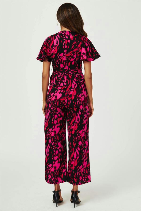 FS Collection Pink Abstract Print Wrap Top Jumpsuit In Black