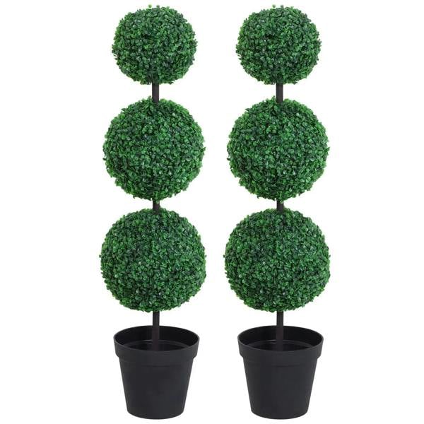 Artificial honeysuckle tree with three stacked green pom-pom blooms in black pot