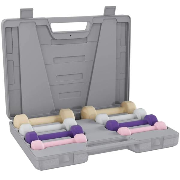 Color dumbbell set in open grey carry case, with pink, purple, grey and tan weight ends