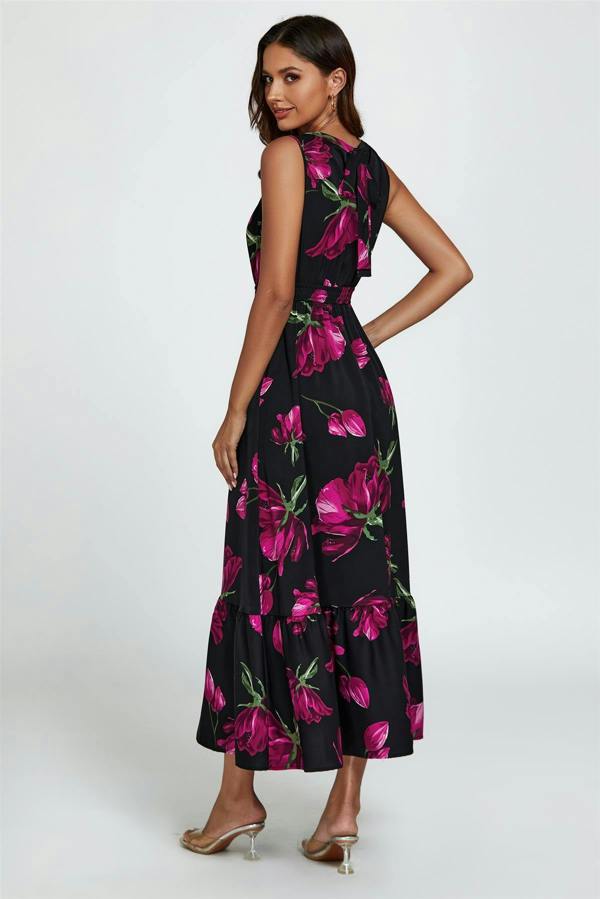 FS Collection Floral Print Halterneck Maxi Dress In Black