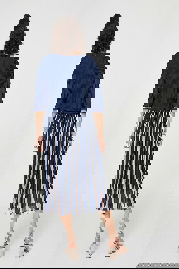 Navy | Striped Pleat 1/2 Sleeve Midi Dress
