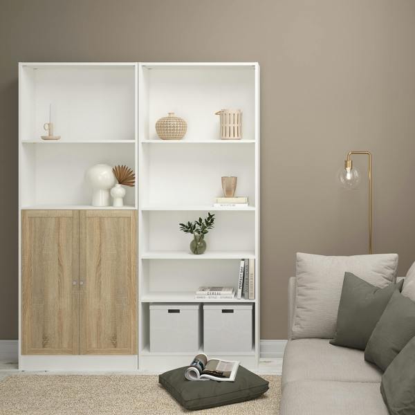 Furniture To Go Basic Tall Wide Combination Storage in White (4 Shelves) with 2 Oak Doors